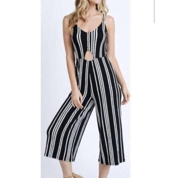 Love Tree Pants - Love Tree Crop Jumpsuit Womens L Black White Stripe Wide Leg Nautical Coastal
